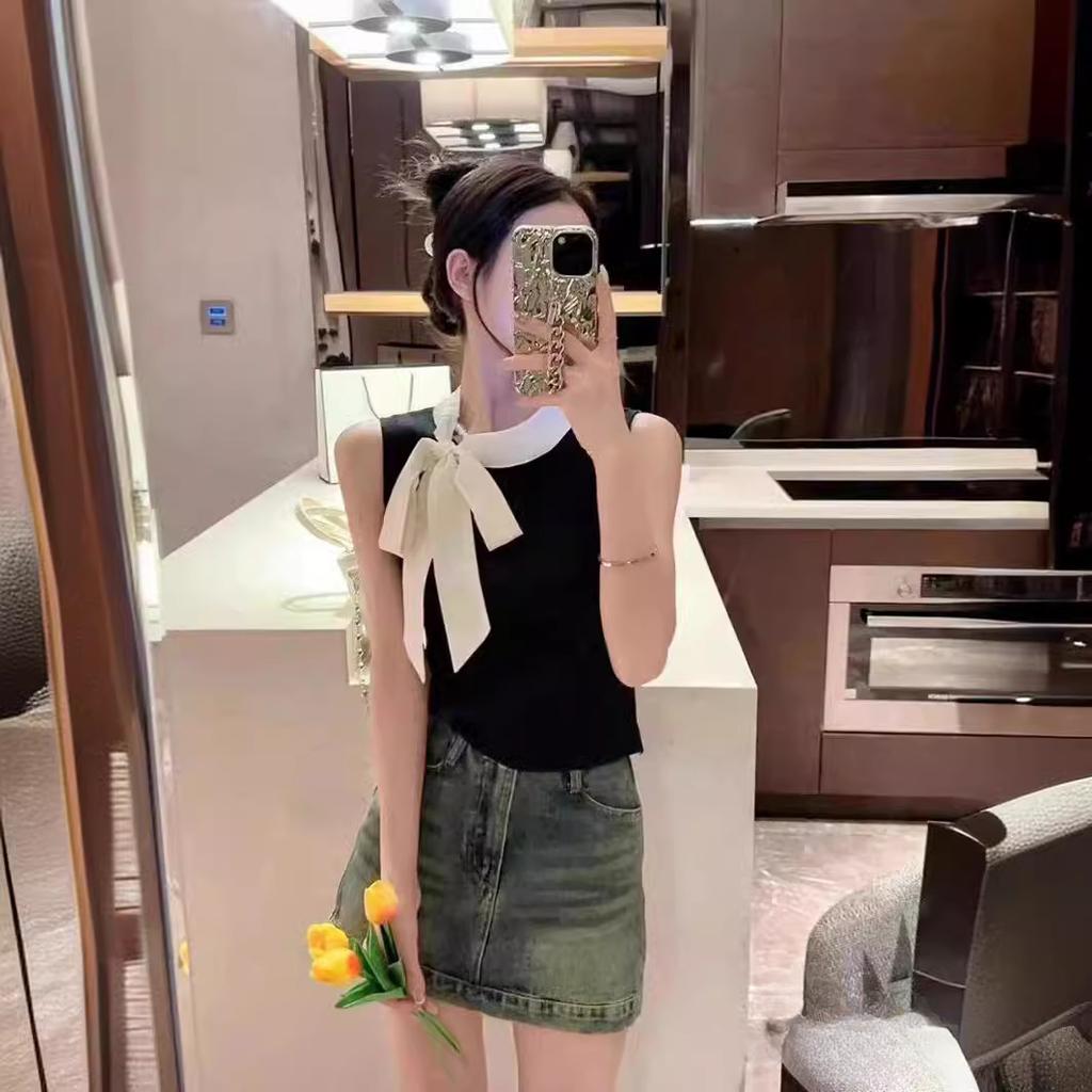 Summer Women Sleeveless Lace-up Collar Solid Knitted Sweater Tops