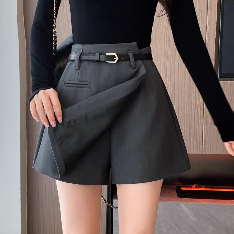 Womens Gray A-Line High-Waist Wide-Leg Skort With Zipper Detail Lightweight Stretchy Midi Skirt Fall Winter