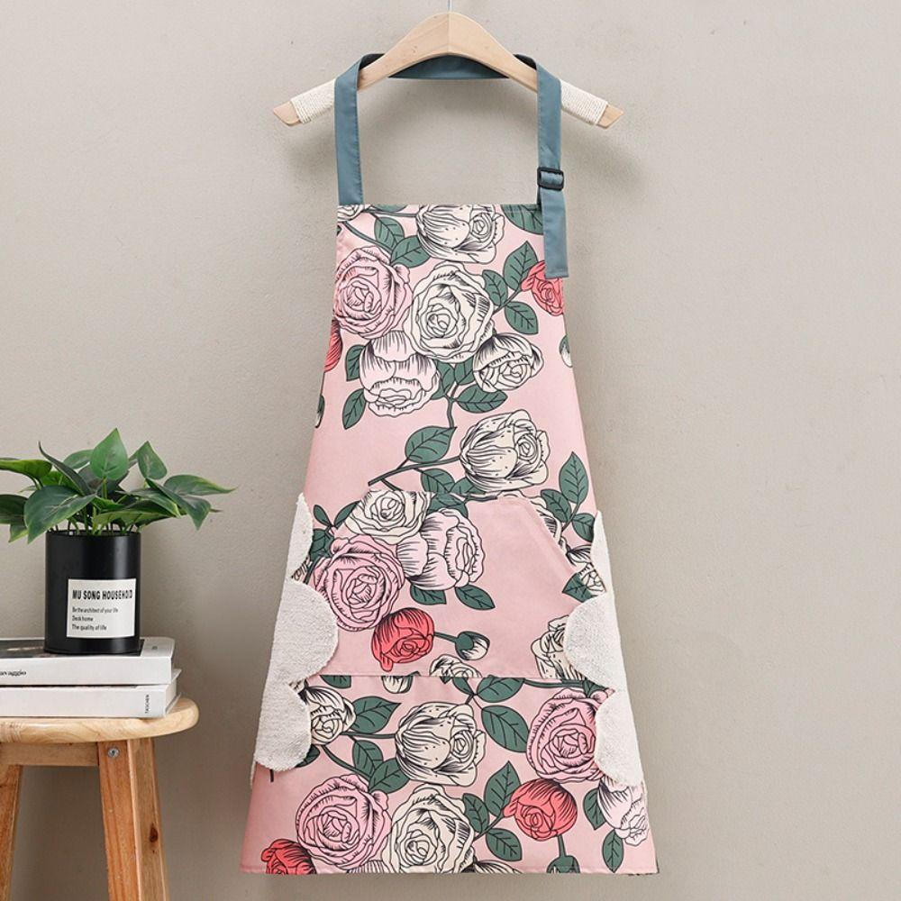 Rose Print Waterproof Apron With Hand Towel Restaurant Uniform Work Apron  Household