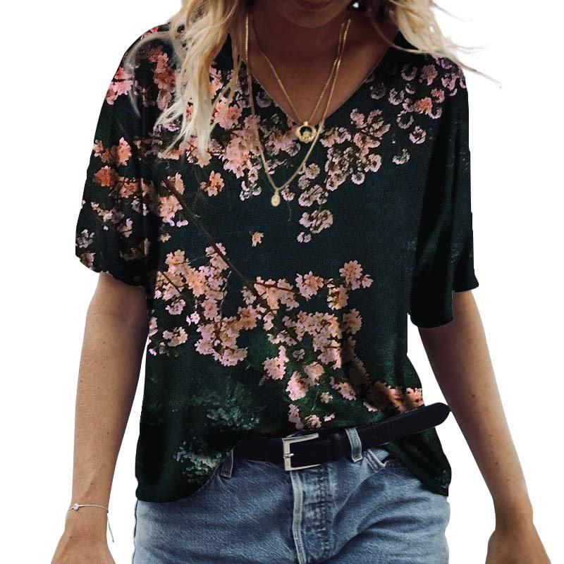Sommer Graffiti Blume 3D-gedrucktes Kurzarm Damen V-Ausschnitt Buntes Lässiges Vielseitiges T-Shirt