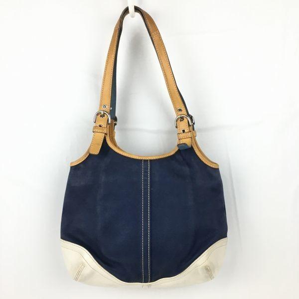 Coach Handbag Shoulder Bag Navy×White with Flower Charm(USED)