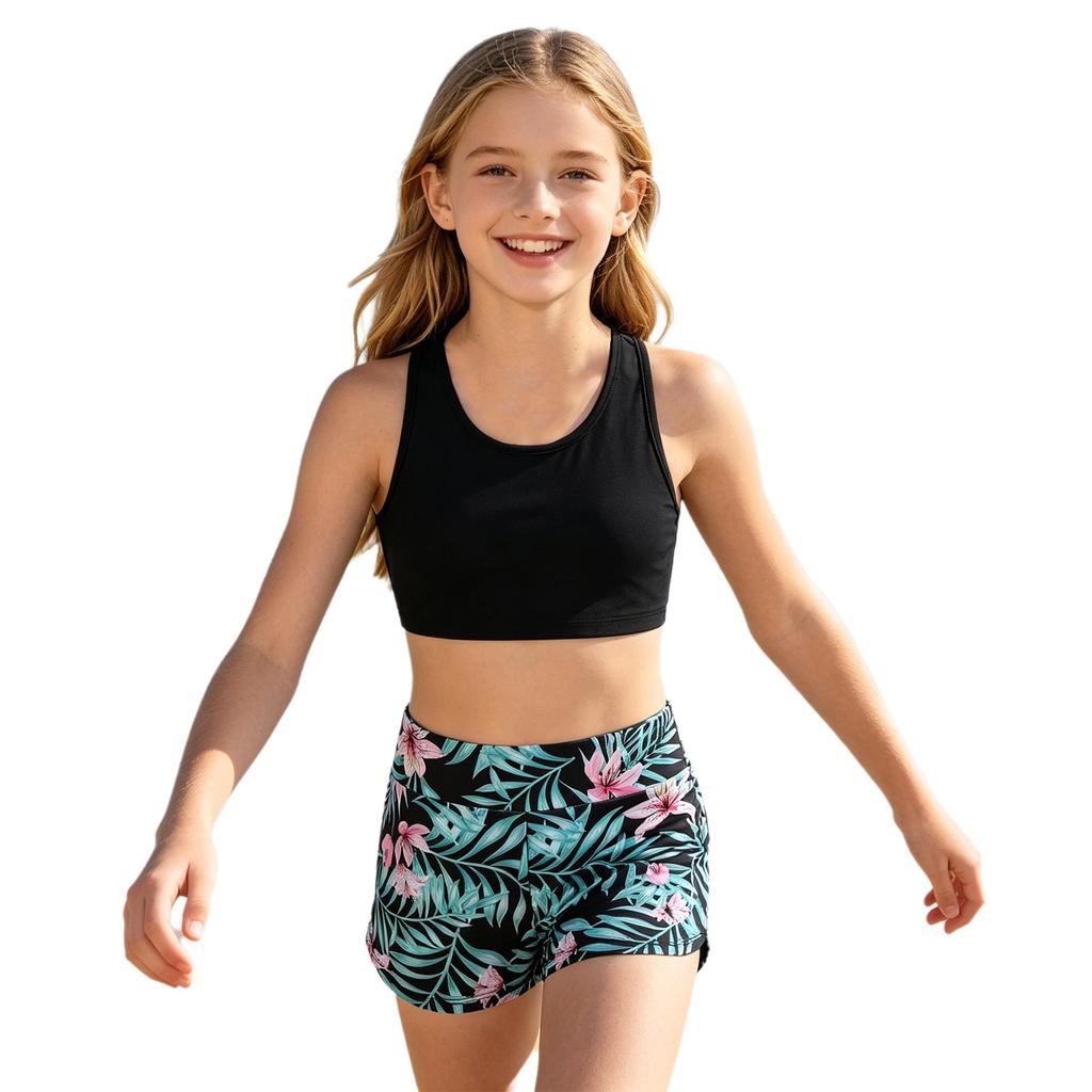 Set Sportivo per Ragazze 2 Pezzi Scollo a U Spalline Sottili Top Corto Incrociato sulla Schiena con Ampia Vita Elastica Pantaloncini con Stampa Gigli Rosa per Palestra Yoga Corsa