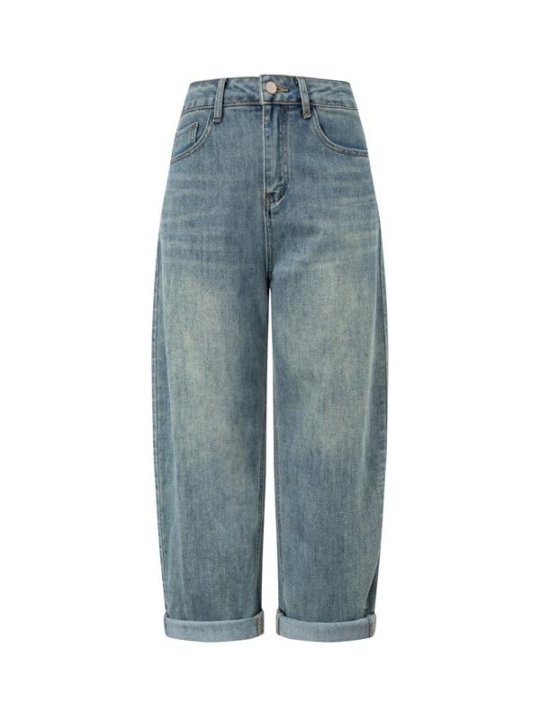 Retro Blue High-Waisted Cropped Harem Jeans for Women