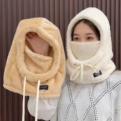 Winter Soft Plush Cycling Windproof Cap Hood Thermal Drawstring Keep Warm Ski Mask Hat Unisex Balaclava Women Hood Hats Scarf