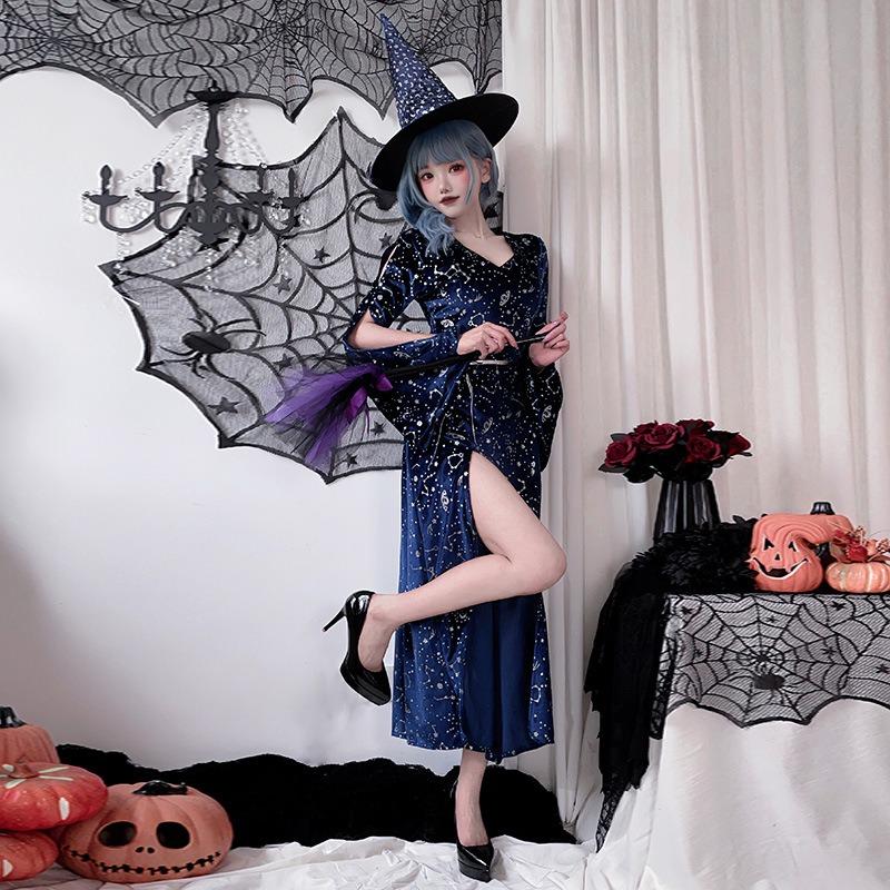 Halloween Adult Costume Wizard Witch Slits Starry Sky Vampire Witch Costume Cosplay Dress
