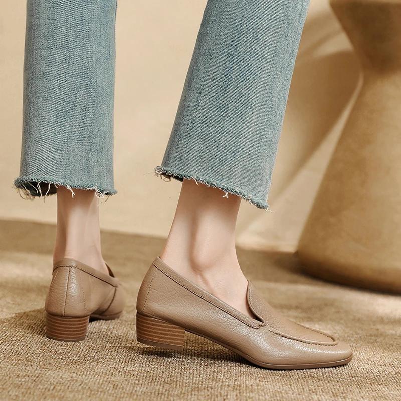 Fashion 2025 New Spring Sheepskin Women Shoes Round Toe Women Pumps Med Heel Loafers Fashion Casual Genuine Leather Mules Ladies Shoes