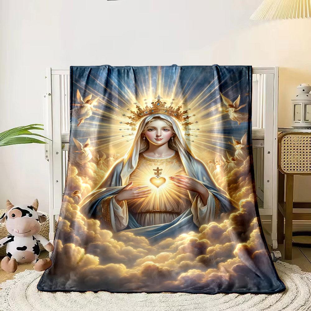 Holy Virgin Mary Sacred Heart Clouds Blanket Printed Blanket for Living Room Bed Couch Lunch Break Soft Cozy Blanket for Friend's Festival Gift