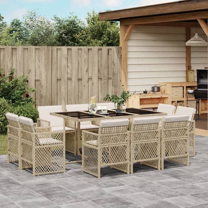 VidaXL Ensemble à manger de jardin et coussins 11 pcs beige poly rotin, ensemble de salle à manger d'extérieur 3210850