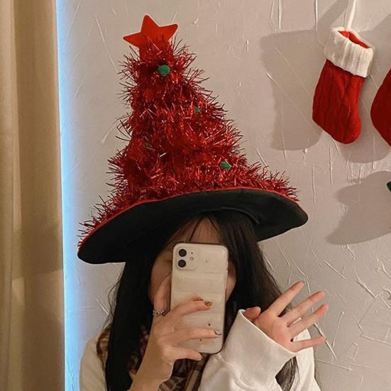 Yousheng Weihnachtsbaumhut Weicher Weihnachtsmannhut Grün Goldenes Band Stern Tiara Feiertagsparty Kopfbedeckung Büro Weihnachtsfeier Hut