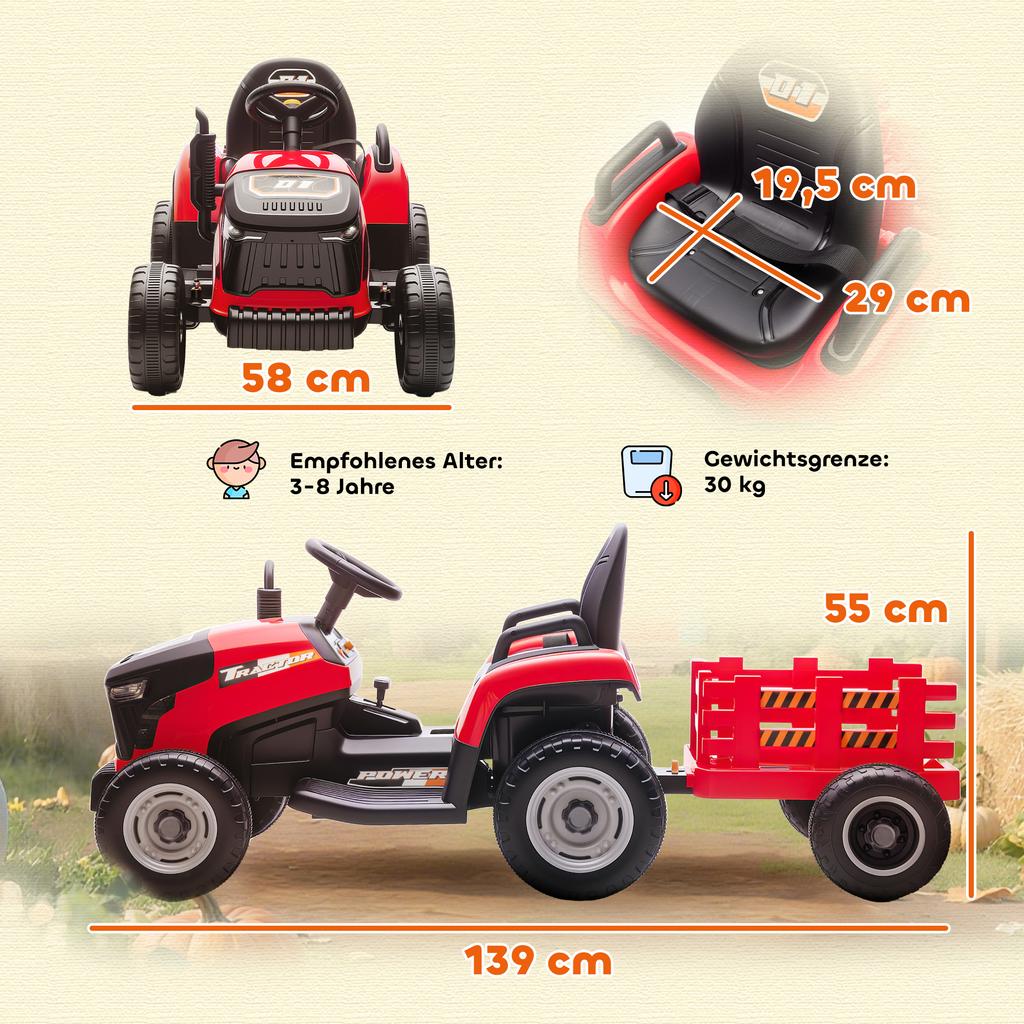 Electric Kids Tractor, Ride-On Tractor with Remote Control, Soft Start, for Children Aged 3-8 Years, Red