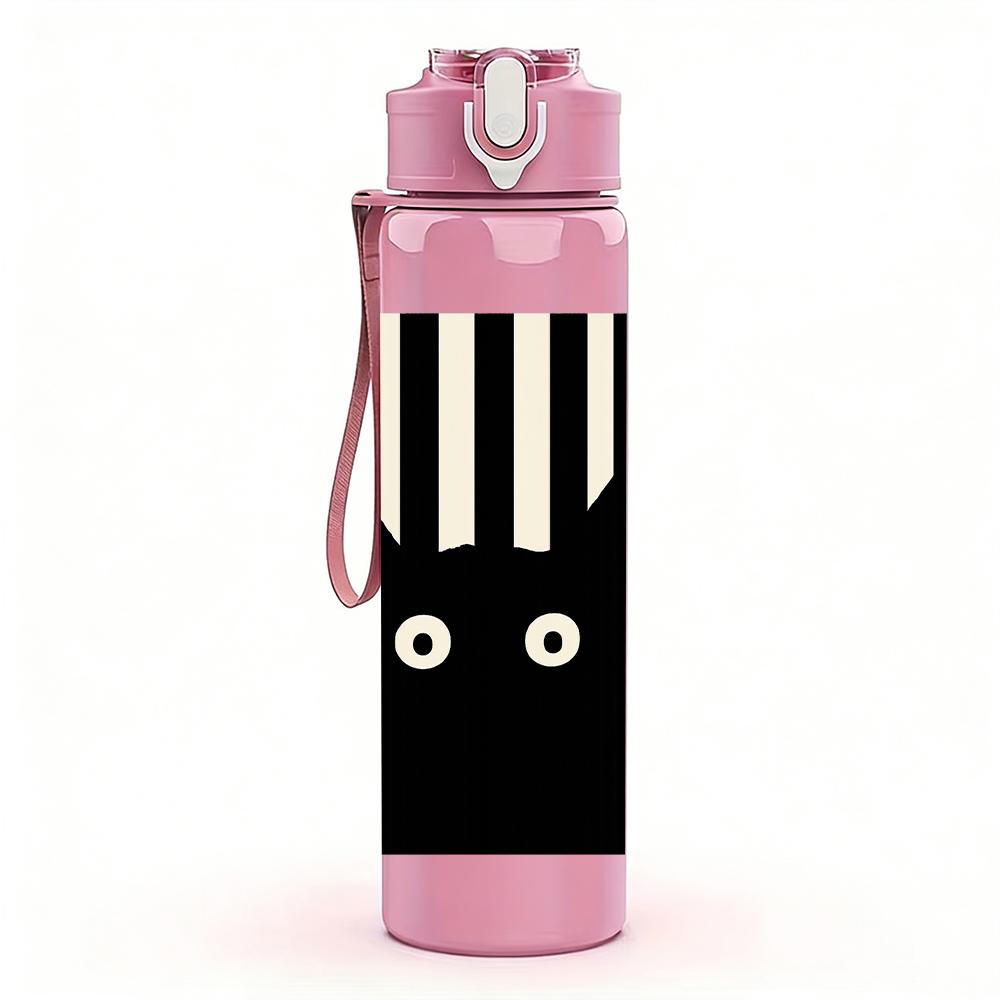1PC Striped Background Black Cat Face 750ml Color Plastic Sports Water Bottle Leakproof Flip Straw Lid For Sports Office Home Use