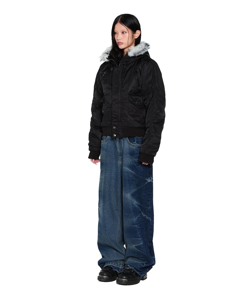 Aakam Hooded Fur Ma-1 Jacket (Black)