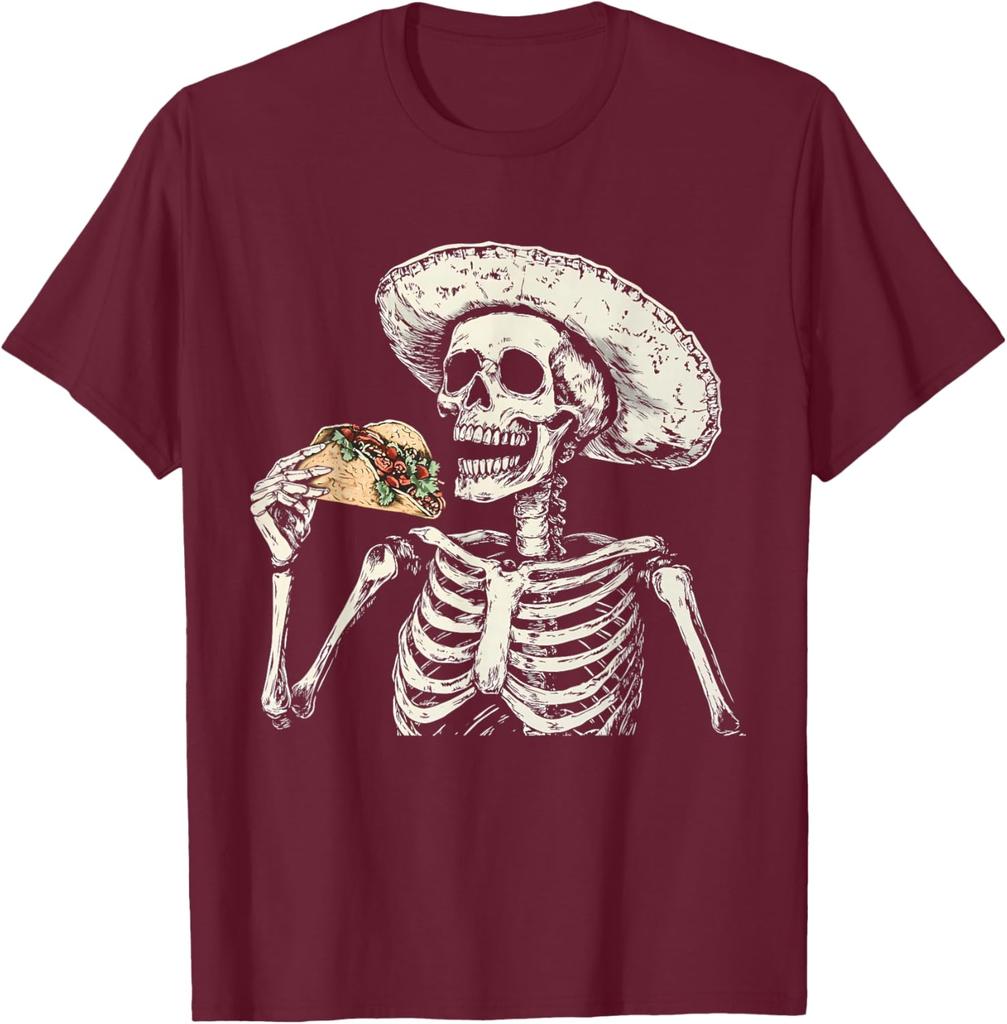 Skeleton Eating Taco Sombrero Graphic Tee Mexican Dia De Muertos Lover Casual Cotton T-Shirt