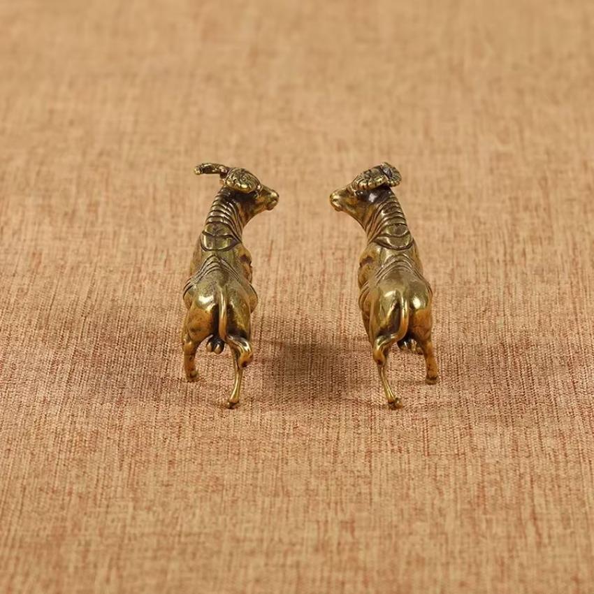 1 Pair Solid Brass Ox Sculpture Zodiac Desktop Decor Handmade Copper Art Collectible Gold Plated Lucky Charm for Christmas
