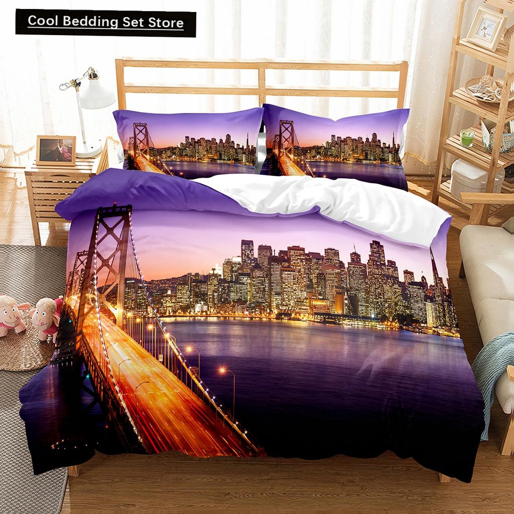 Comforter Cityscapes King Queen Tall Buildings Landscape Bedding Set Busy Traffic View Polyester Comforter