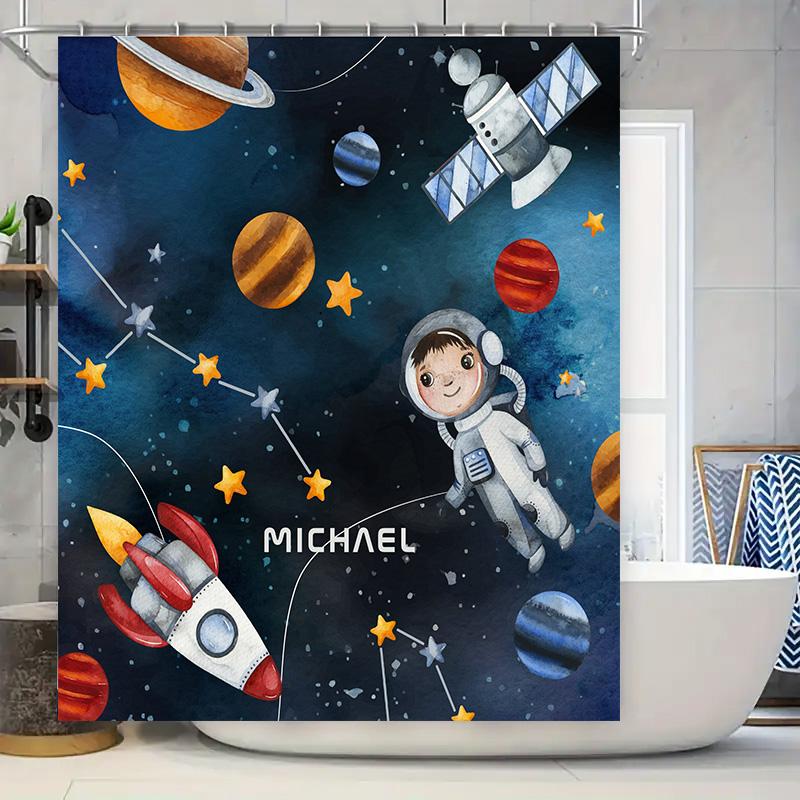 

Personalized Children s Bathroom Shower Curtain Set Space Exploration Astronaut Print, Custom Name Included (White) 90x180cm
