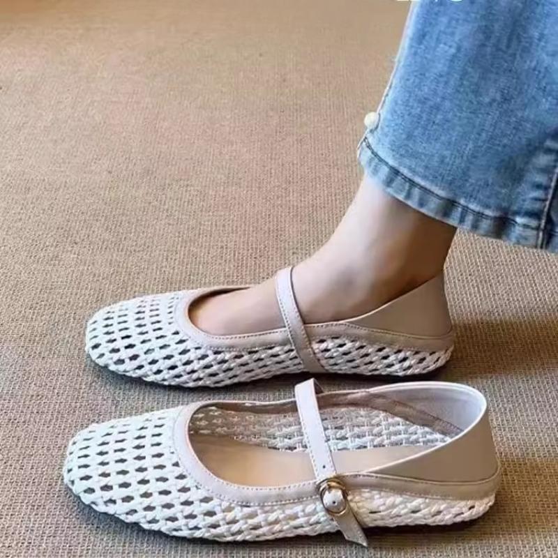 Fashion 2025 Summer New Crystal Flats Shoes Women Square Toe Mary Jane Shoes Genuine Leather Hollow Outs Mules Runway Ballet Shoes Woman