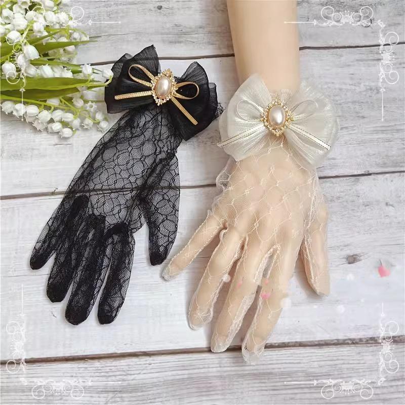 Handmade Lolita Lace Gloves Japanese Sweet Girl Tea Party Wedding Bride Gorgeous Summer Bow Pearl Lace Gloves Mittens Accessory