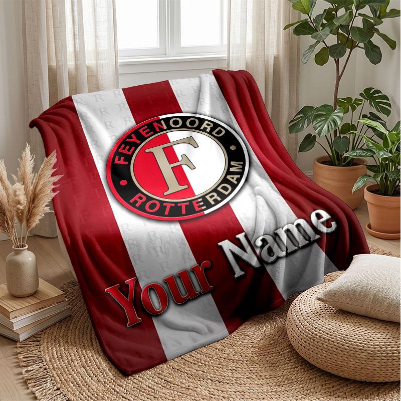 Feyenoord Custom Name Text Flannel Blanket Soccer Logo Personalized Fleece Throw Blanket Special Gift For Sofa Bedroom Home