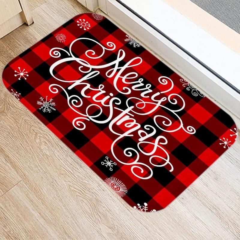 Merry Christmas! Red plaid print doormat home decor bathroom kitchen non-slip floor mat living room hallway rug.