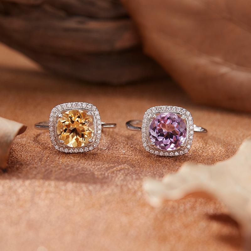 Natural Color Treasure Amethyst Citrine Ring Women'S S925 Sterling Silver Sugar Cube Index Finger Ring Xiaohongshu Model