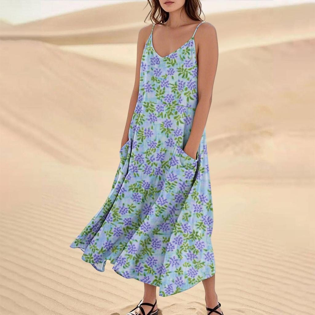 Women's Fashion Casual Floral Print Sleeveless Pocket Long Beach Dress