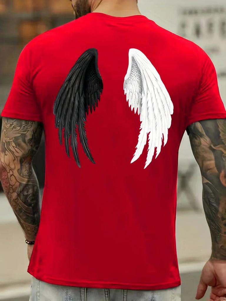 New Mens Loose Comfortable Breathable Round Neck Tshirt with Angel Wing Print Pattern Comfortable Trendy Casual and Soft Top