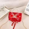Red Adorable Pu Handbag For Kids Featuring Bow Design And Trendy Strap Chain