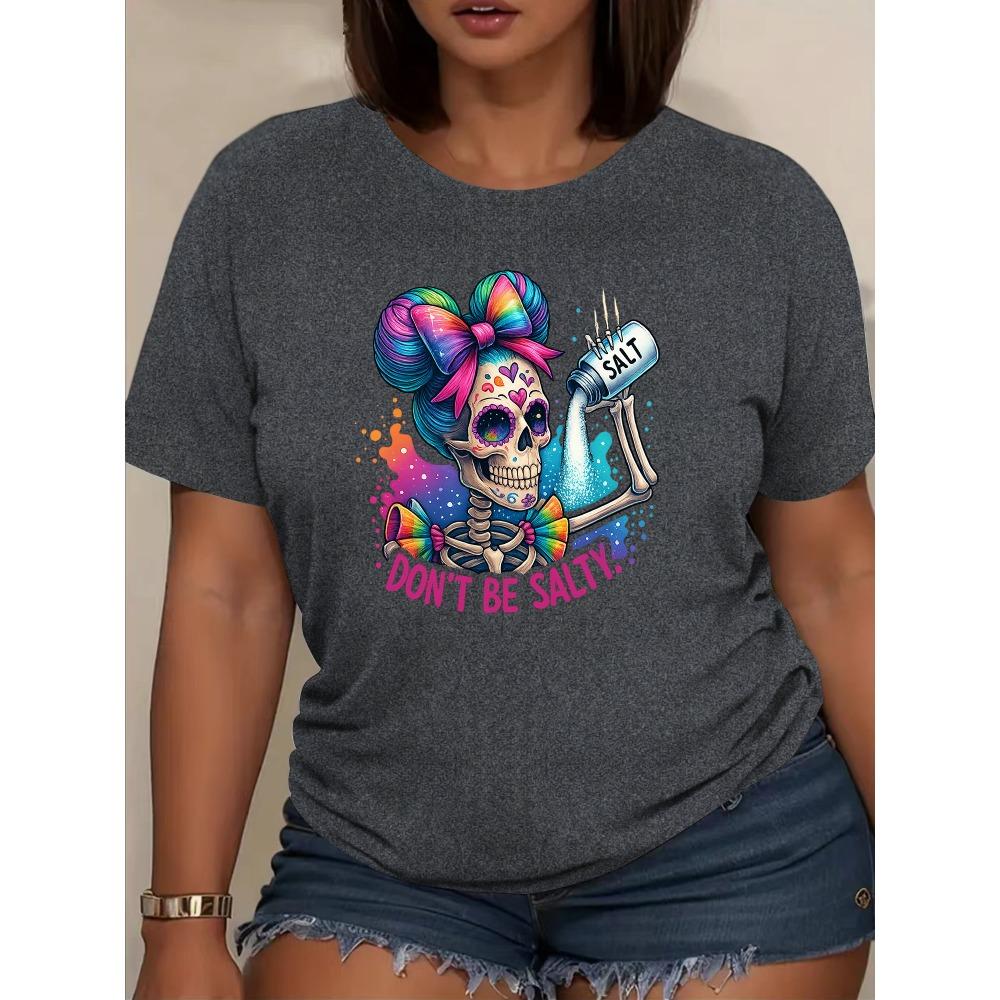 Women Cotton Short Sleeves T-shirts Don't Be Salty Women's Tee Colorful Sugar Skull Graphic Casual White Top