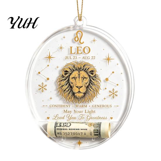 Gift Box Accessories Christmas Tree Money Holder Pendant, Transparent Acrylic Round Hanging Ornament, 12 Festive Home Decor Zodiac Signs Theme
