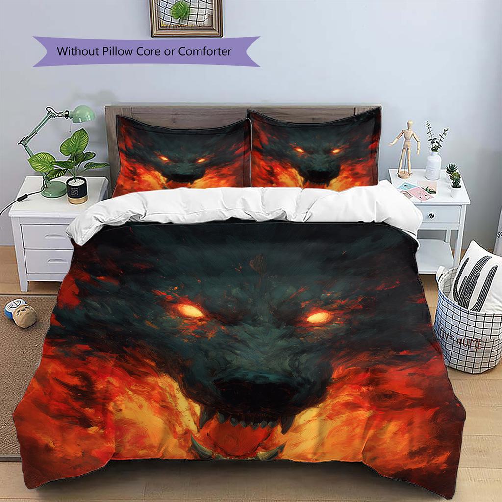 Flame Wolf Pattern Bedding Quilt Set Quilt Cover Pillowcase Home Decoration Gift (1 * duvet cover + 2 * pillowcase, without core)