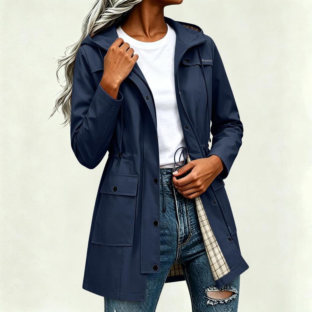 Women's Hooded Rain Jacket - Lightweight Outdoor Windbreaker with Adjustable Waist - Raincoat for Hiking, Travel, Daily Wear