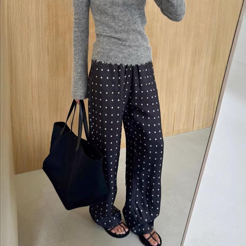 Women Elastic Waist Polka Dot Wide Leg Pants Casual Satin Trousers