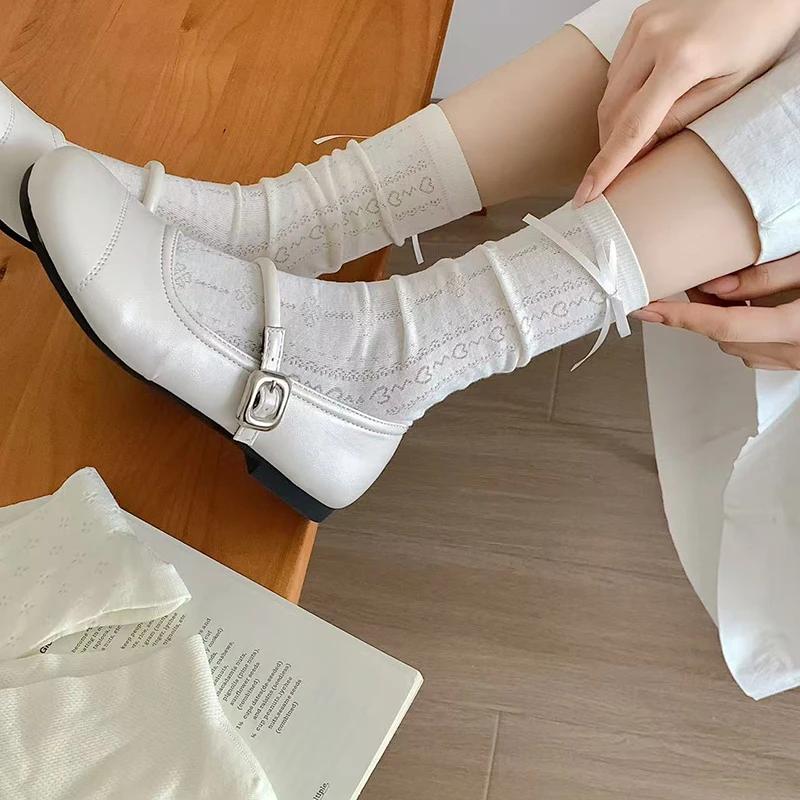 4 Pairs Women Butterfly Bow Net Eye Mid Tube Socks Spring Summer Sweat Absorbing Breathable Sweet Ballet Style Casual Socks