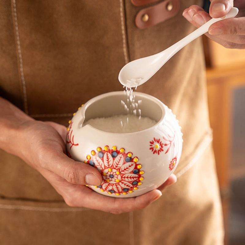 Ceramic Seasoning Container Chick Designs Sealable Lid Included Measuring Utensils For Cooking Essential