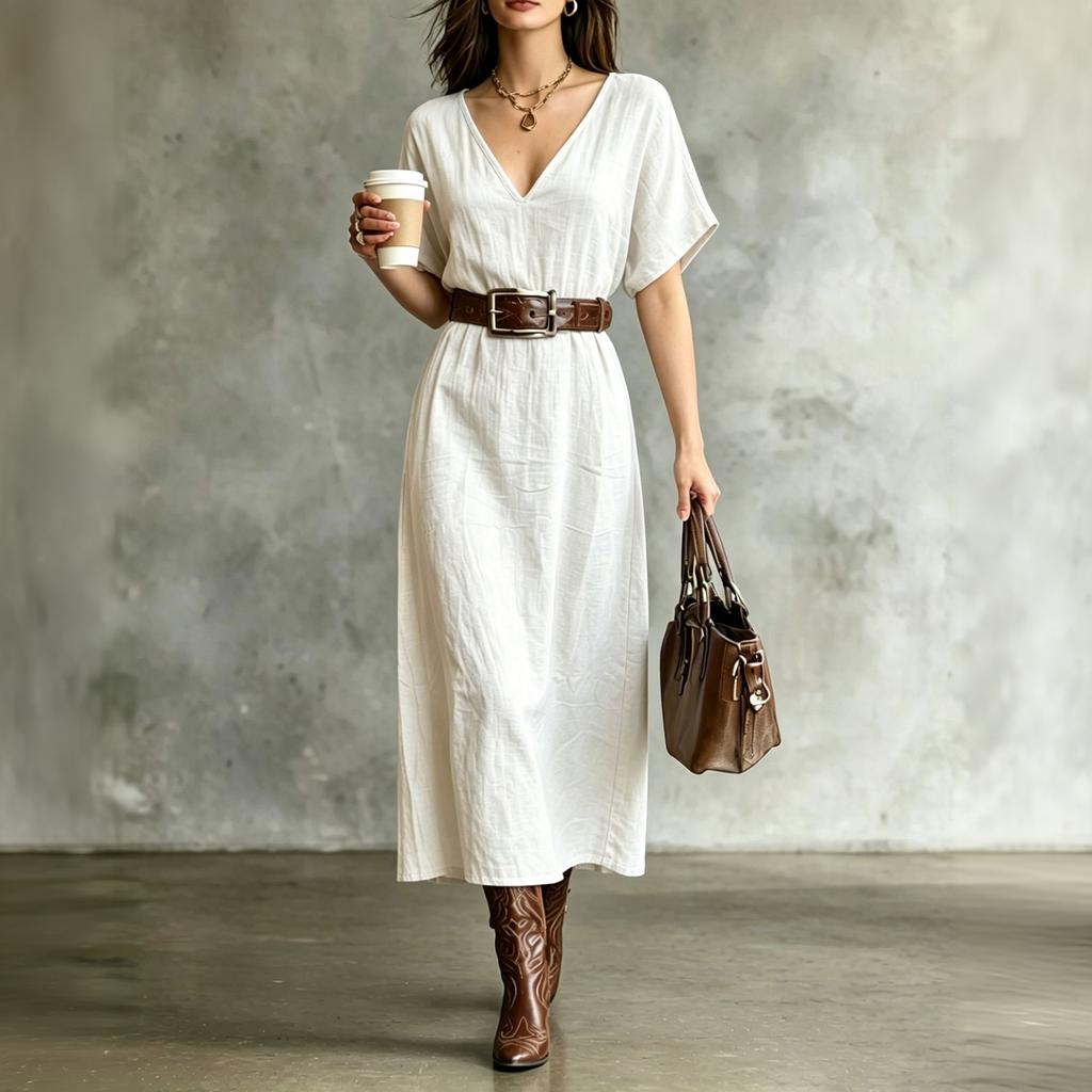 Women's Short Sleeve V-Neck Bohemian Cotton Linen Dress for Summer Casual Wear