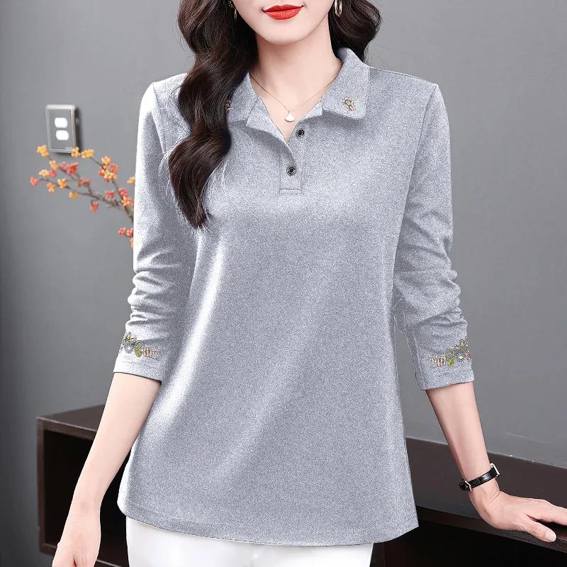Women's Spring and Autumn Plus Long Sleeved Slimming T-shirt with Exquisite Design and Simple Base Polo Shirt