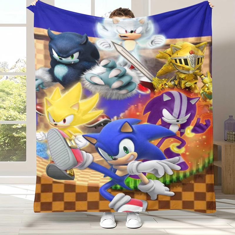 Ретро Мультяшное Игровое Фланелевое Одеяло S-Sonic, Ультра Мягкое Теплое Плюшевое Покрывало для Дома, Спальни, Кровати, Дивана, Походного Пикника, Подарок 75x90cm