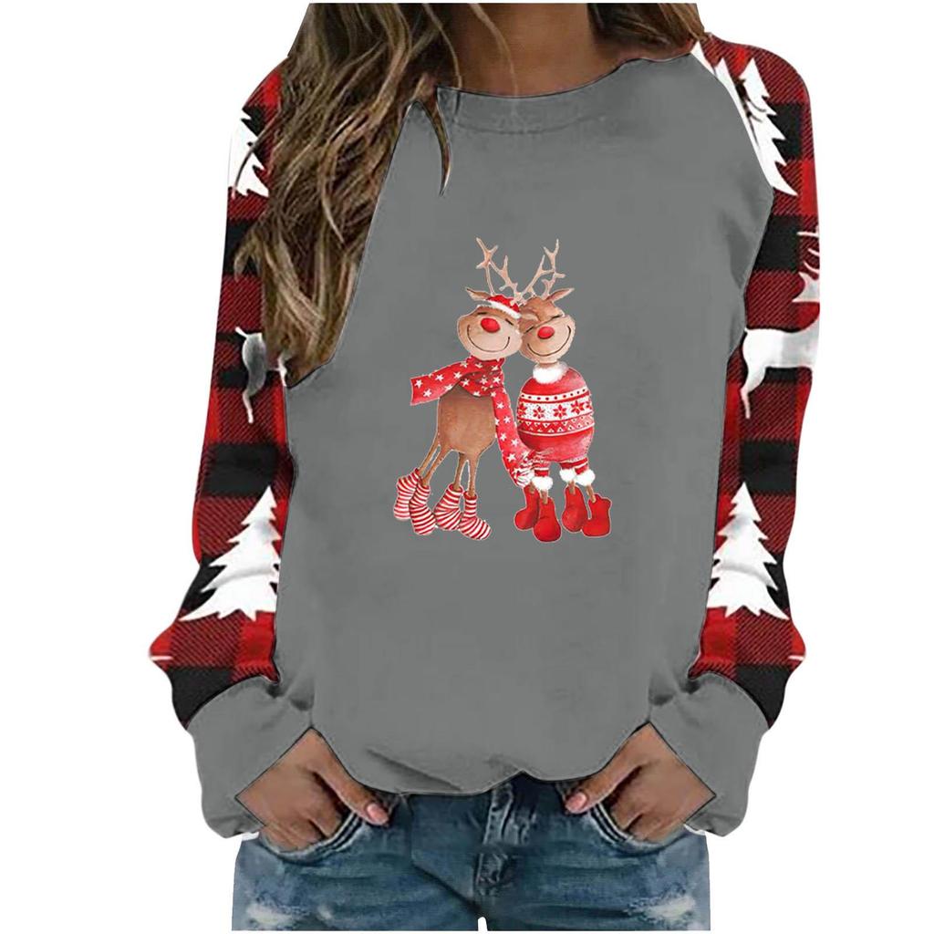 2023 Autumn Winter Women's Reindeer Print Round Neck Casual Long Sleeve Hoodie