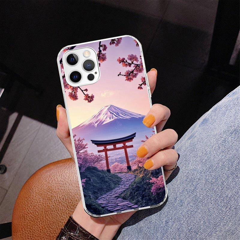 Japanese Cherry Mount Fuji Phone Case For iPhone 13 12 Mini 11 Pro Max XS XR X SE 7 8 Plus 5S 5 6S 6 Gift Print Cover Fundas