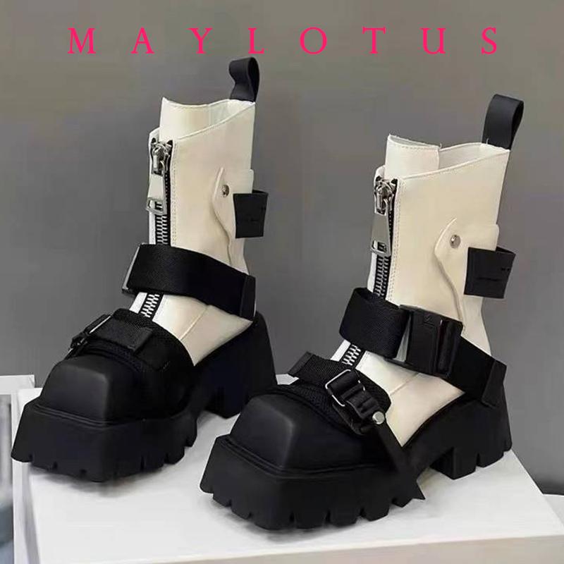 

Fashion 2025 Thick-soled Female Locomotive New Square Head Combination Color Increase Ankle Boots To Increase Muffin Bottom 35 черный белый