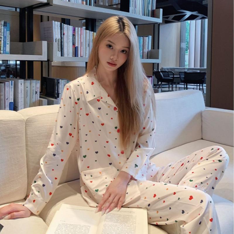 

Разноцветные сахарные бобы, двухсекционная шелковая пижама, женские осенние брюки с длинными рукавами, разноцветная ночная рубашка в форме сердца для девочек, домашняя одежда XL