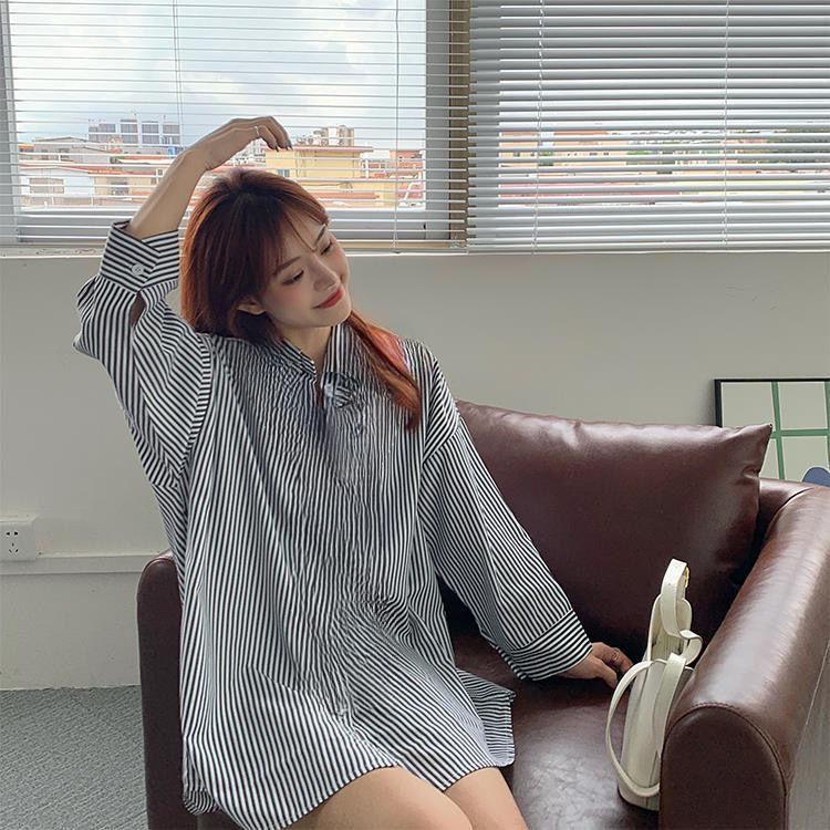 Striped Shirt for Women Spring Autumn Retro Loose Medium To Long Length Student Long Sleeved Shirt Top Trend