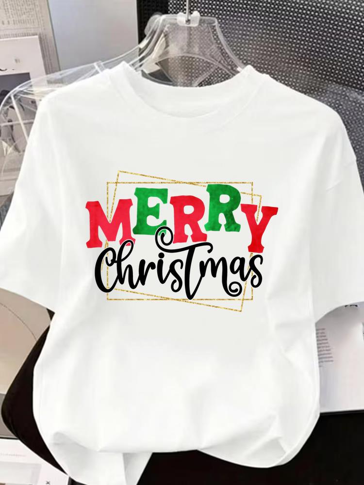 (Asian Size) cartoon Short Sleeve T-shirts Women's Top O-neck T Shirt Print Merry Christmas Fashion Casual New Year Clothing Graphic Tee