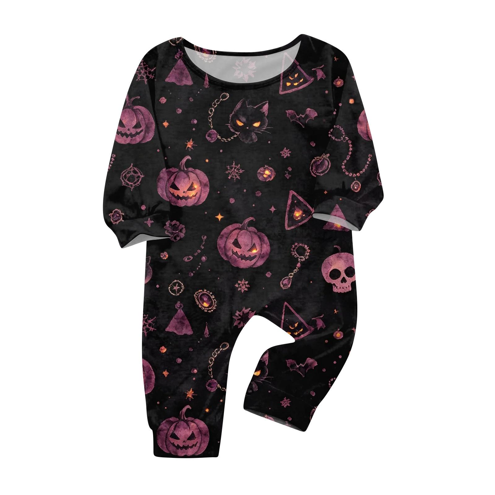 Family Matching Halloween Pajama Set - Black Printed Long Sleeve Neck Pajamas for Women, Men, Kids 18 Months