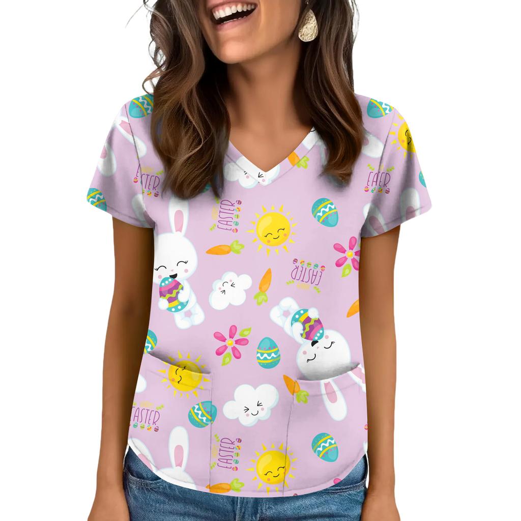 Women's V-Neck Easter Print Short-Sleeve Pocket Top With Side Slit