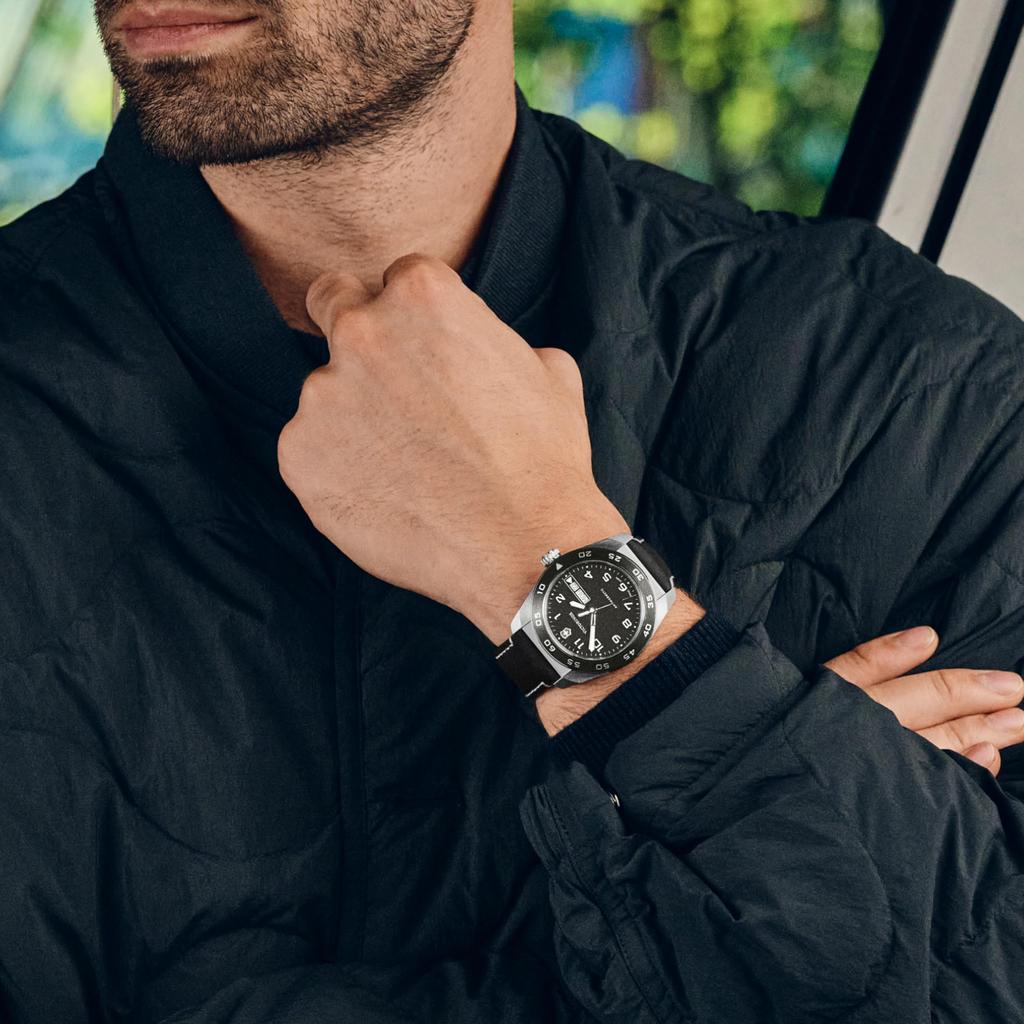 VICTORINOX SWISS ARMY Analog Quartz Black Black Leather Stainless Steel Case Strap Brand Name Black Leather Band 242041 Watch, Waterproof, Men's