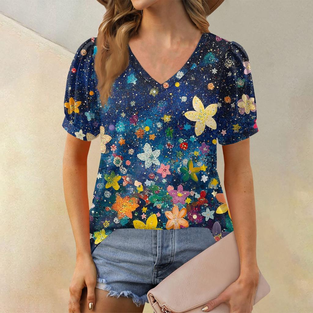 Damenmode Blumendruck Top Puff Kurzarm V-Ausschnitt T-Shirt Lose Casual T-Shirt