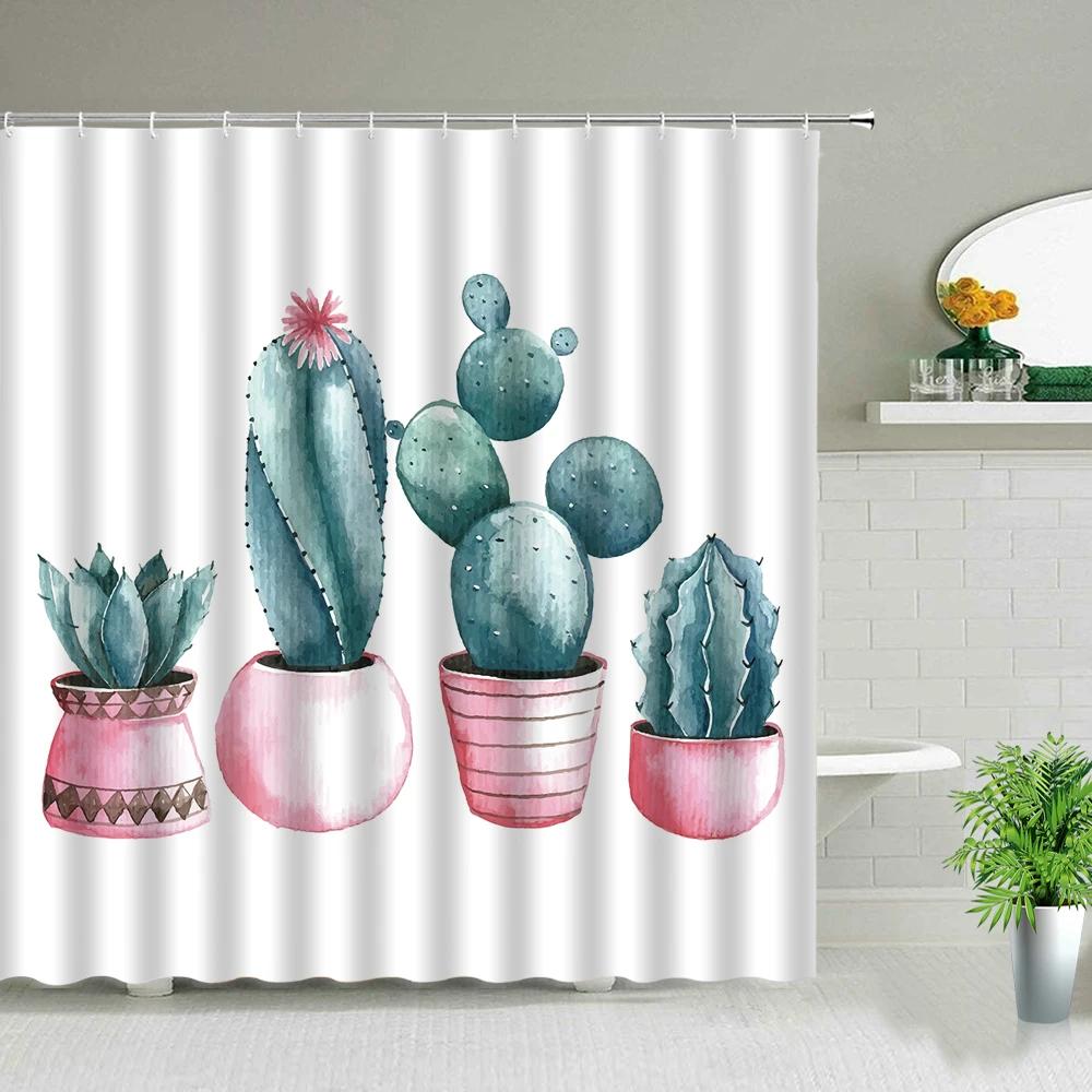 Hower Curtains of Textile Water Color Cactus Flower Tropical Plants Colorful Succulents Pattern Bathroom Shower Curtain Set