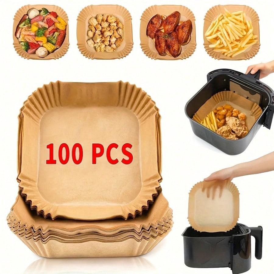 100pcs, Square Disposable Air Fryer Liners (6.3in/8in), Paper Air Fryer Liner Pots, Paper Basket Bowls, Baking Trays, Oven Accessories, Baking Tools
